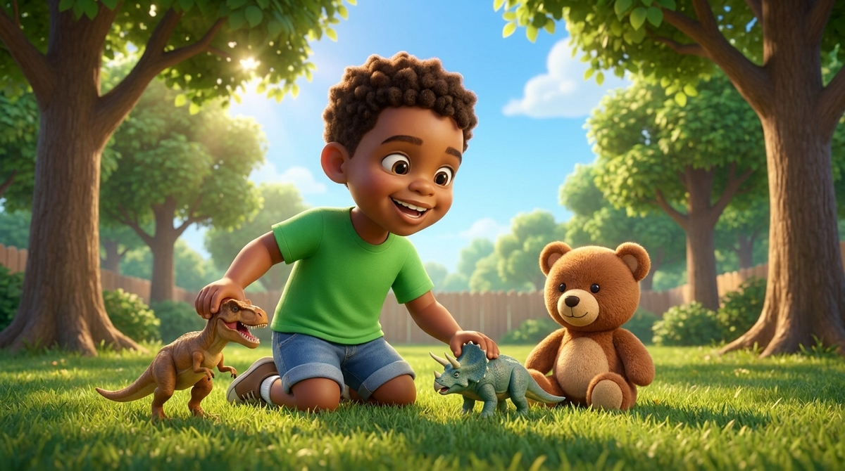Example Child Song preview: an animated child with friendly dinosaurs